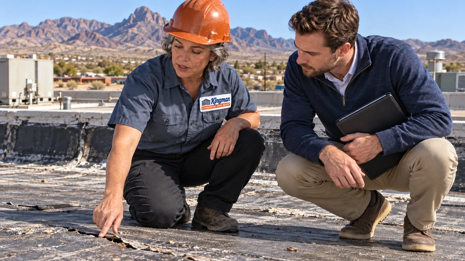 Roofer pointing out a split membrane seam to a building owner on a flat commercial roof in Kingman, AZ