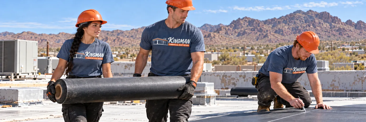 Roofers carrying a membrane roll and marking a cut line around a damaged flat roof area