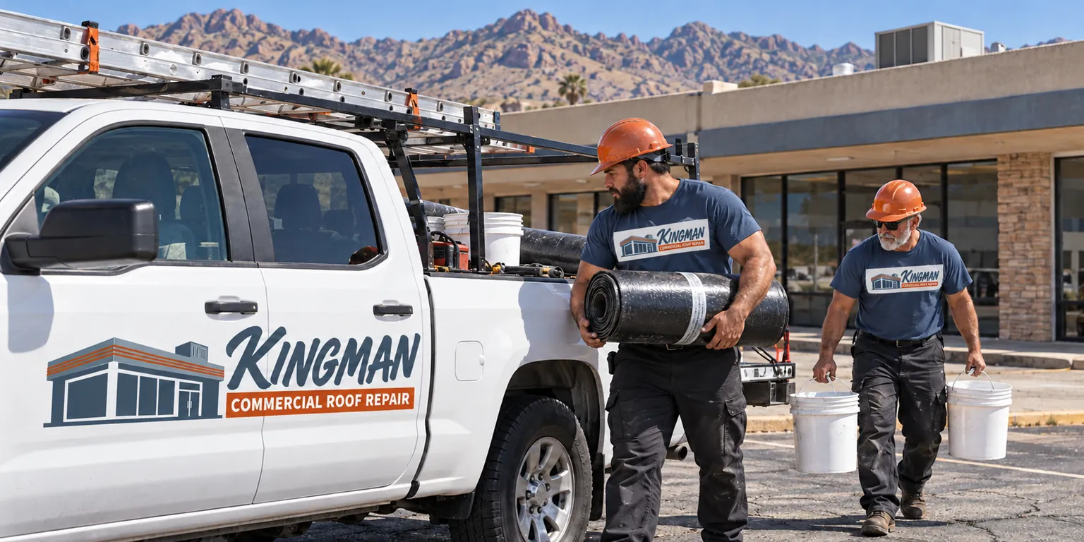 Two roofers carrying a membrane roll and sealant buckets from a work truck beside a commercial building