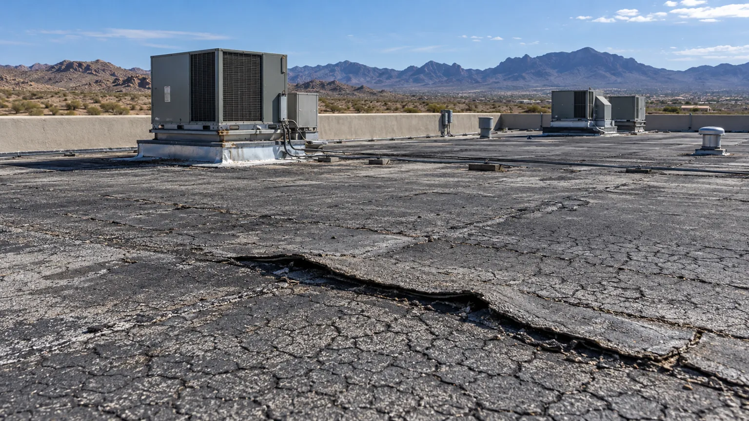 Aged flat roof membrane with a long open split near a rooftop unit and parapet wall