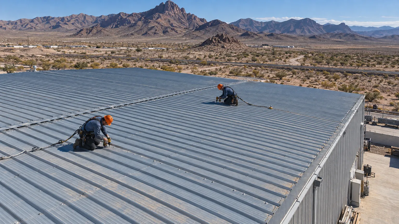 Two roofers sealing panels on a metal shop roof west of Kingman
