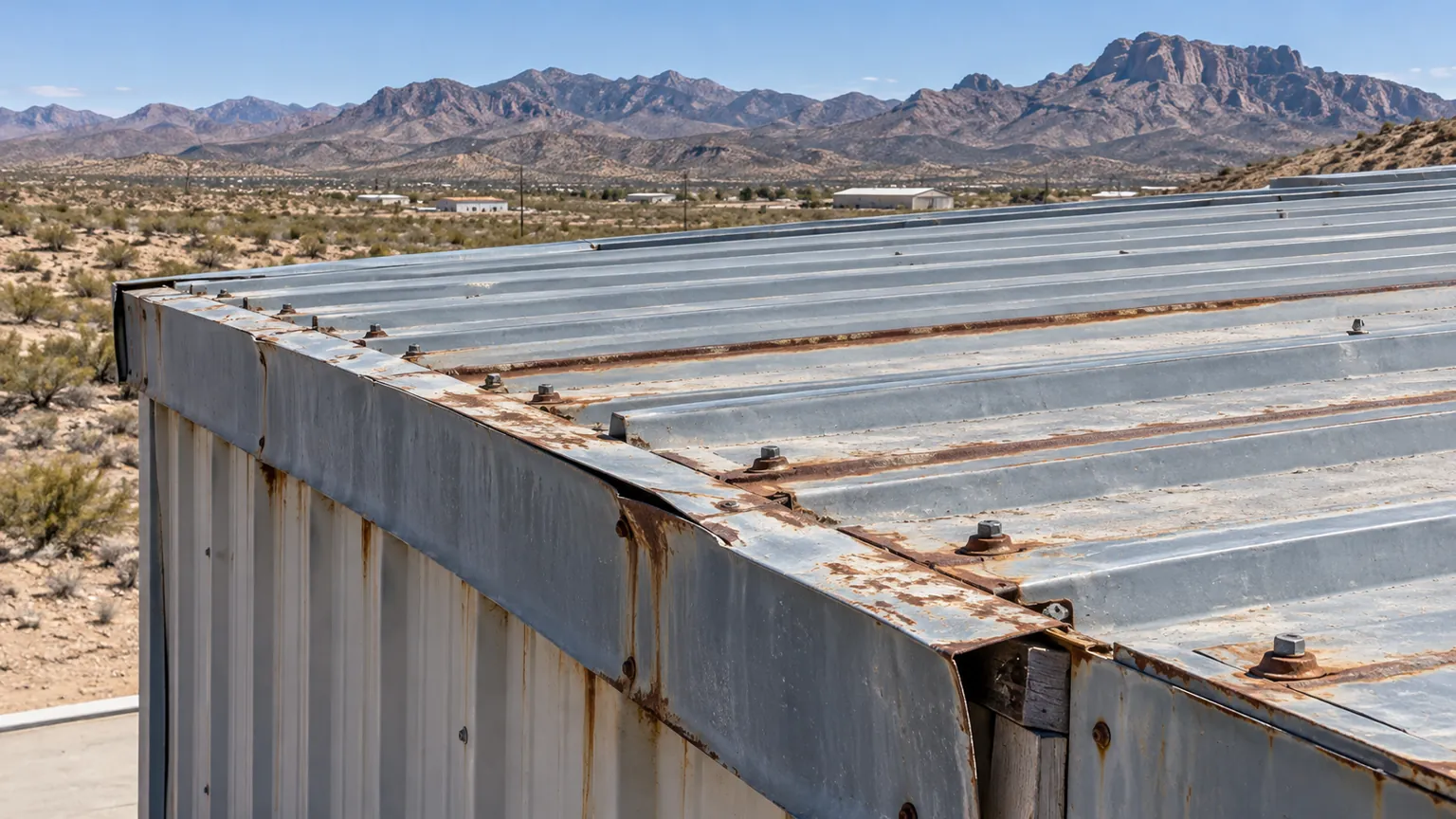 Rust bloom around fastener heads and along panel laps at the eave of a metal commercial roof