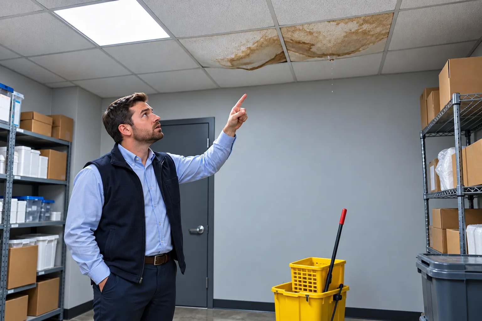 Facility manager pointing at a water stain spreading across ceiling tiles in a Kingman storage room