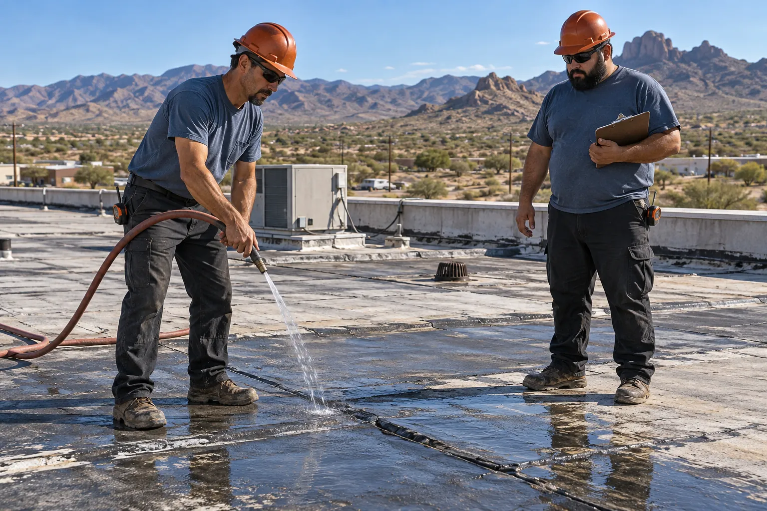 Two roofers running a controlled water test along one seam of a flat roof