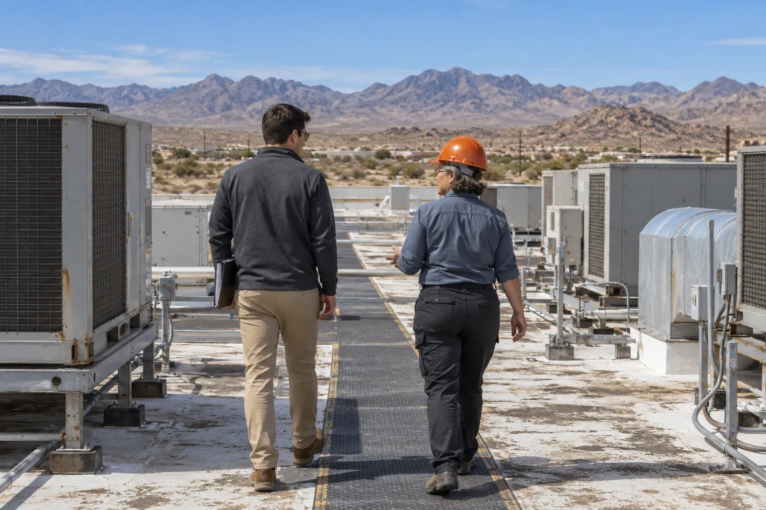 Roofer and plant manager walking between rooftop units on an industrial roof