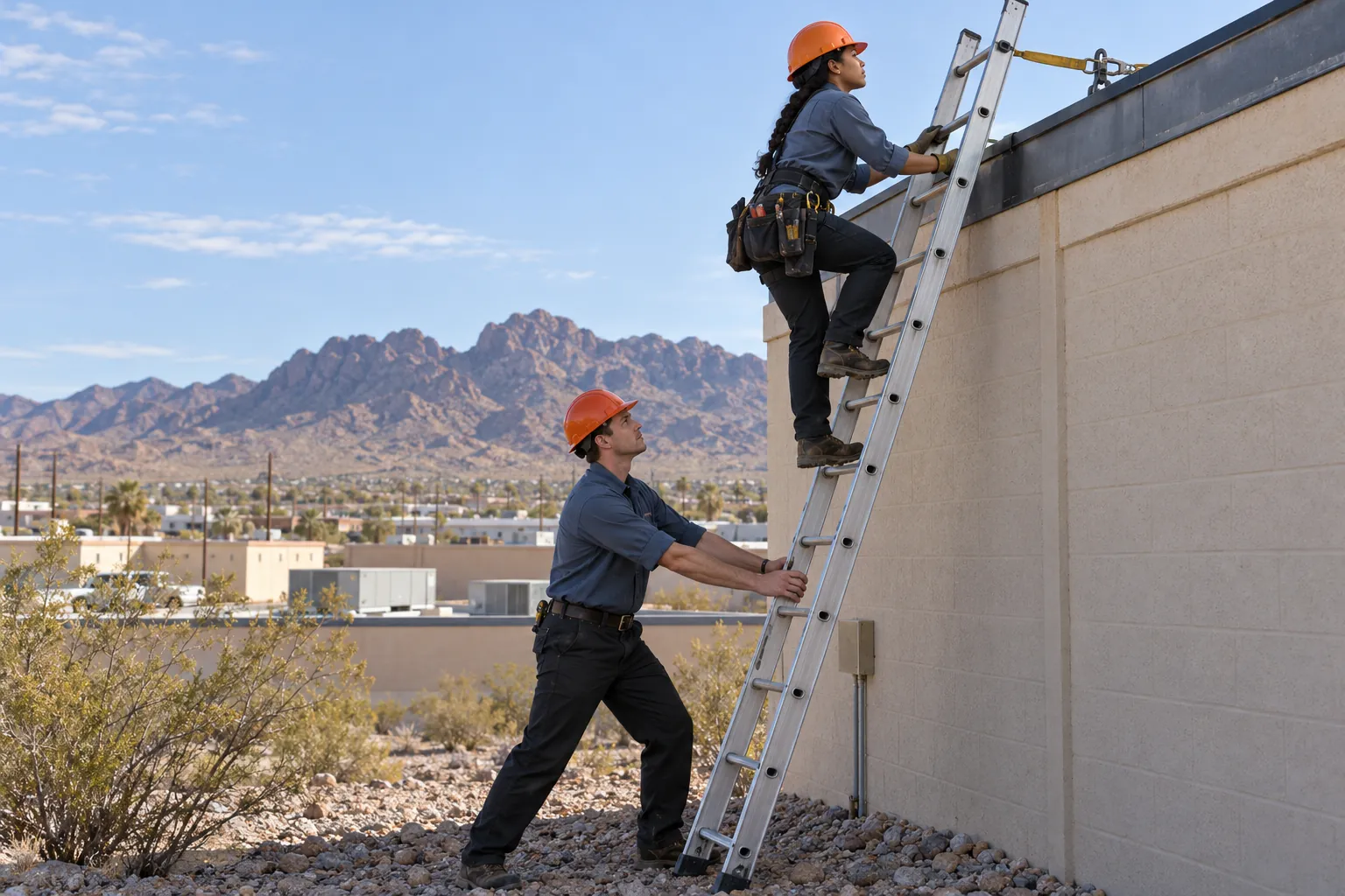 Roofer climbing a tied-off ladder to the roof edge of a block building