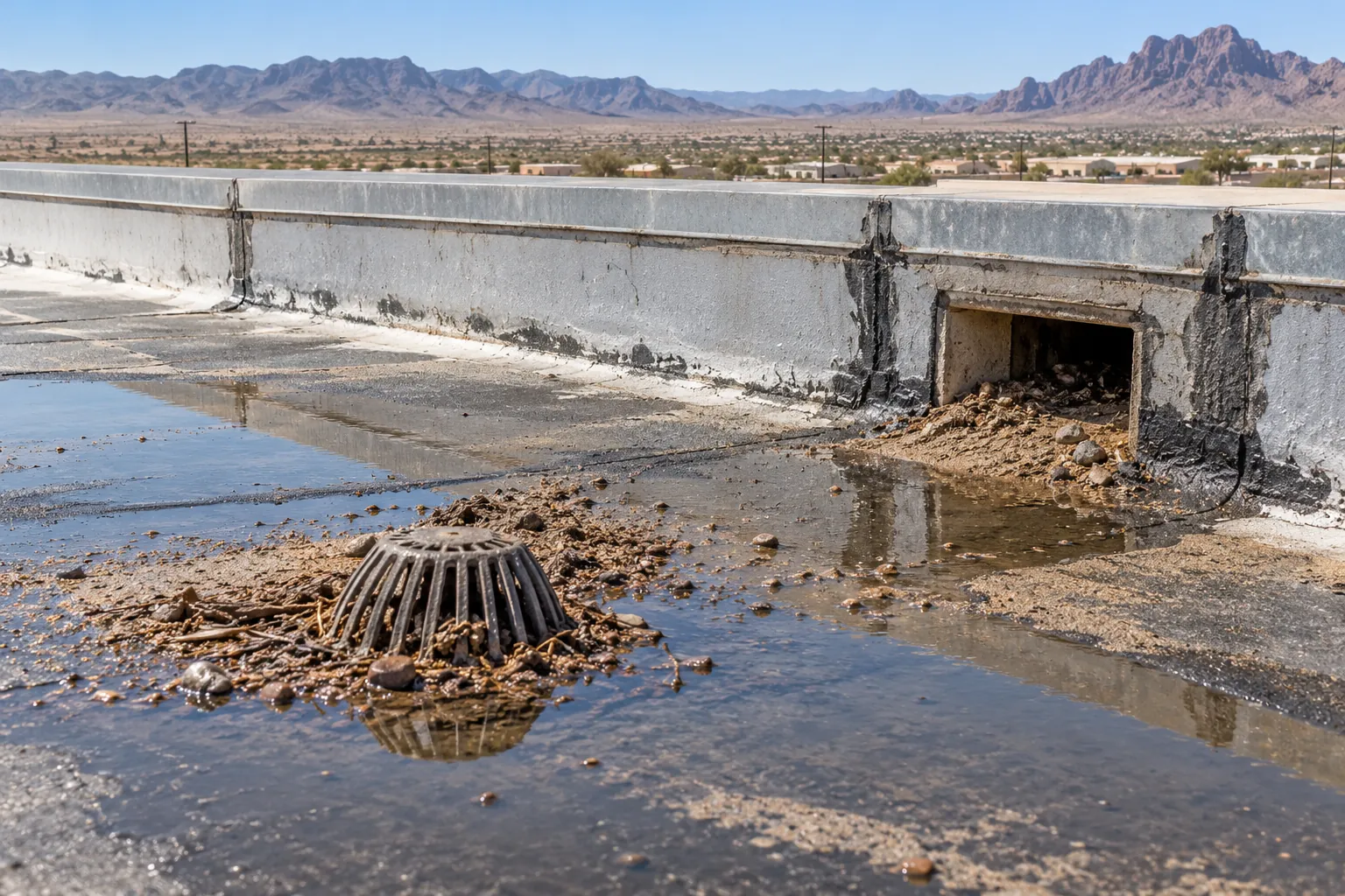Roof drain and scupper packed with blown dirt with water standing around them