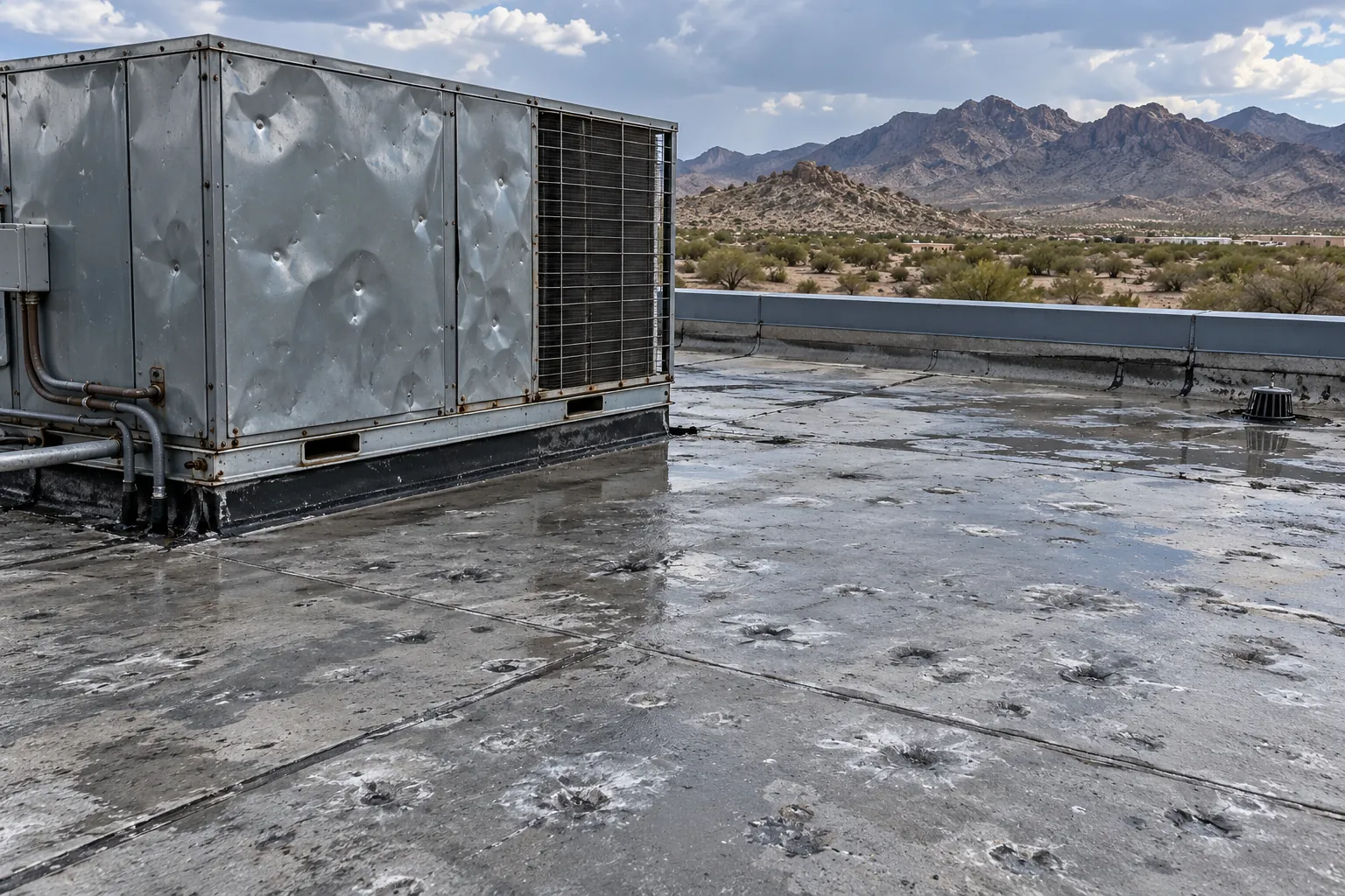 Hail-dented rooftop unit and pocked membrane after a storm
