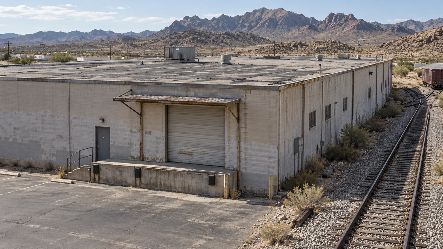 Block warehouse with a loading dock and flat roof beside a rail spur