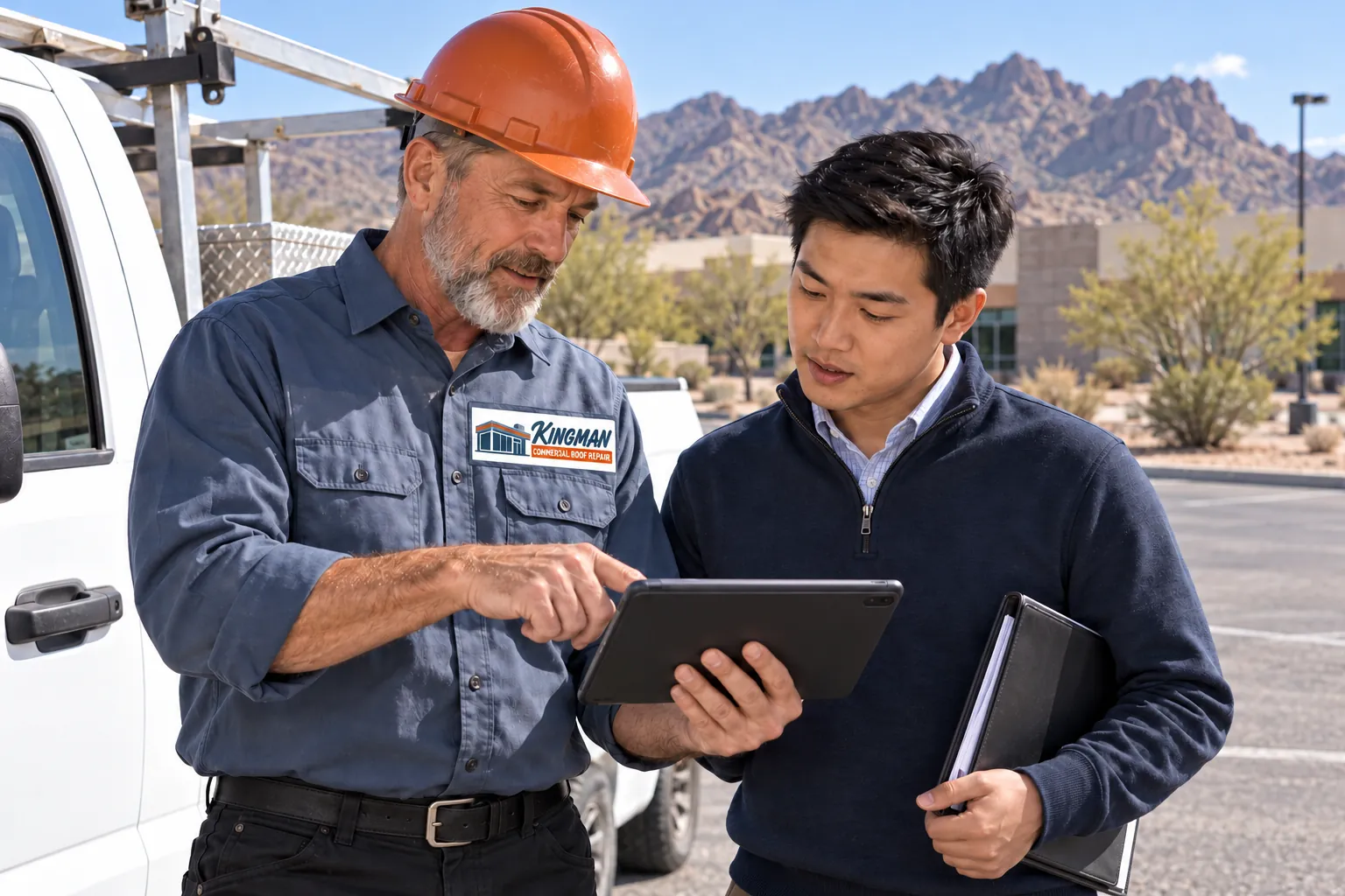 Roofer showing a client inspection photos on a tablet beside a work truck
