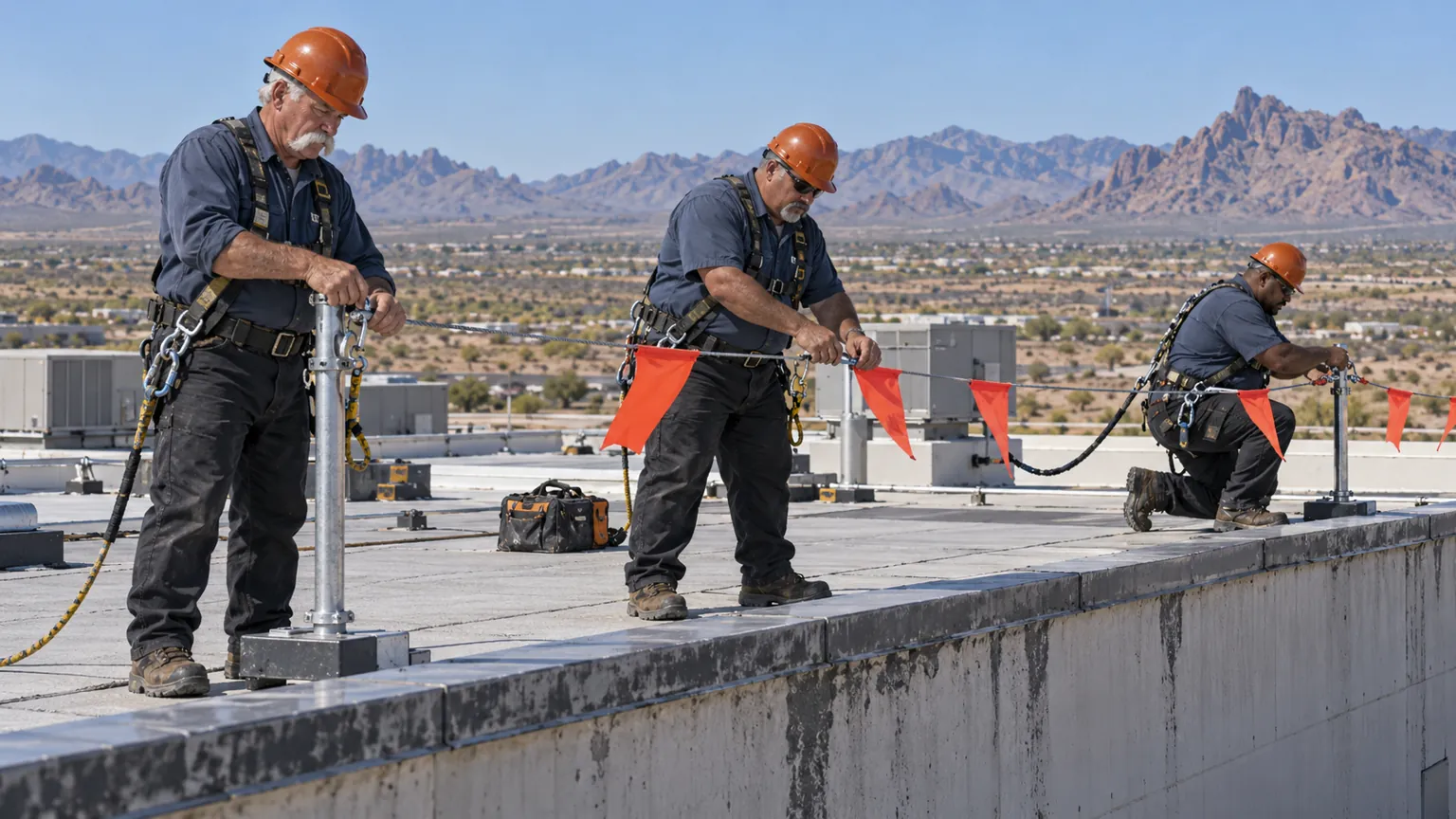 Three roofers setting flagged warning-line posts at the edge of a commercial roof near Kingman